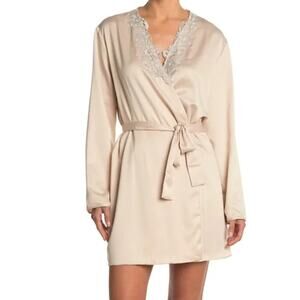 Flora Lace V Neck Belted Beige / Cream Silky Robe Small/ Medium